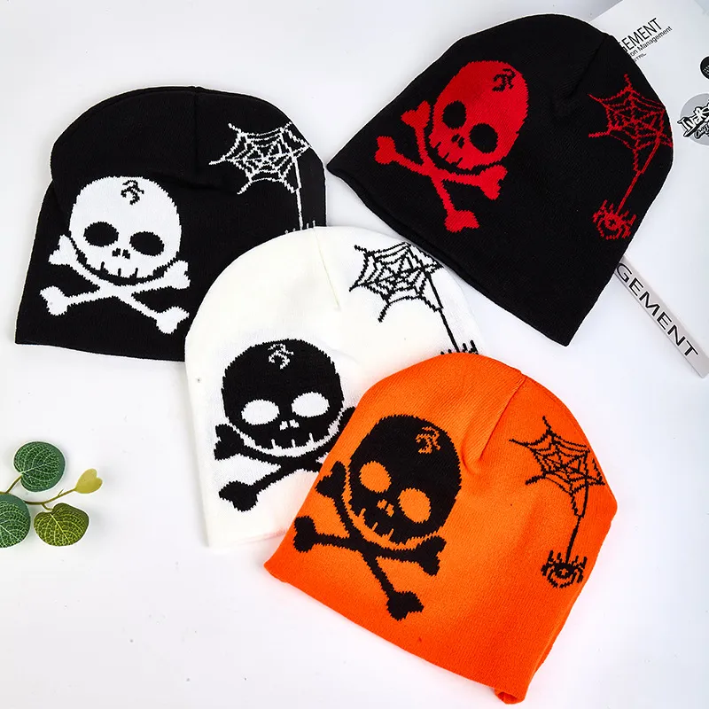 Hip Hop Skull Knit Beanie Hat For Men Women Streetwear Spider Web Jacquard Warm Winter Cap Halloween Party Accessories