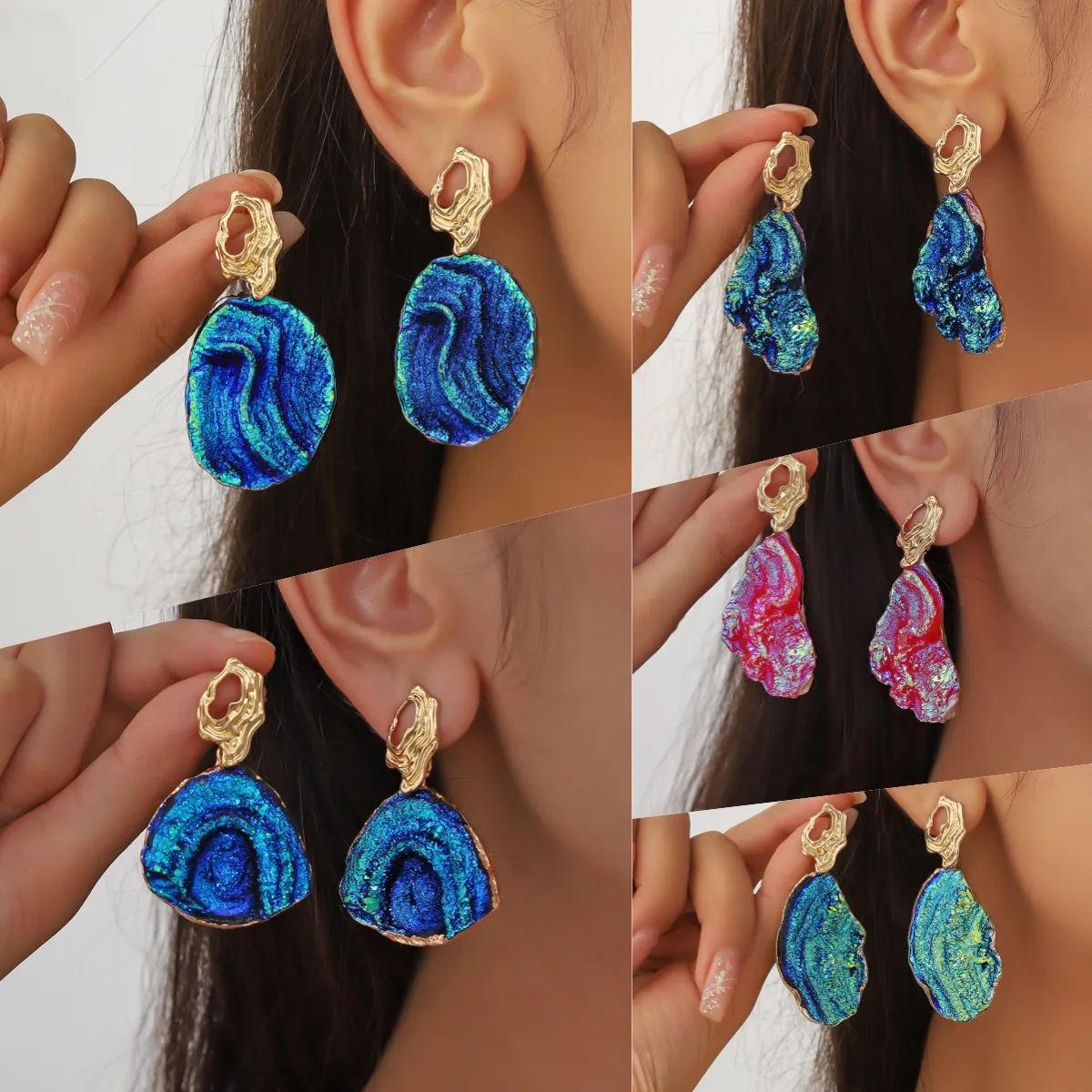 Orecchini a Bottone a Forma di Ventaglio Blu Vintage in Resina Druzy Smalto Gioielli in Lega Perno in Argento Orecchini Retrò da Donna