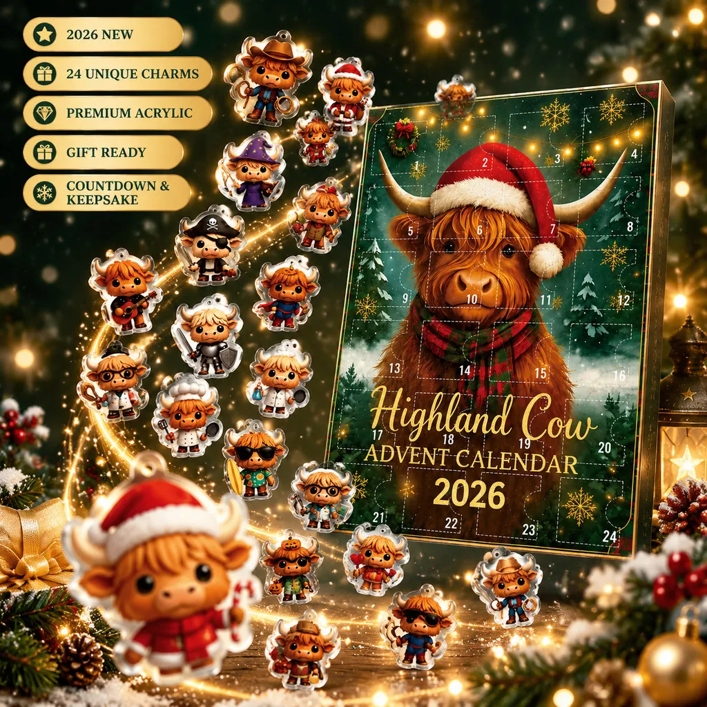 2026 Hochlandrind Adventskalender 24 Tage Weihnachts-Countdown Überraschung Blind Box Acryl Kuh Hängende Dekoration Geschenk