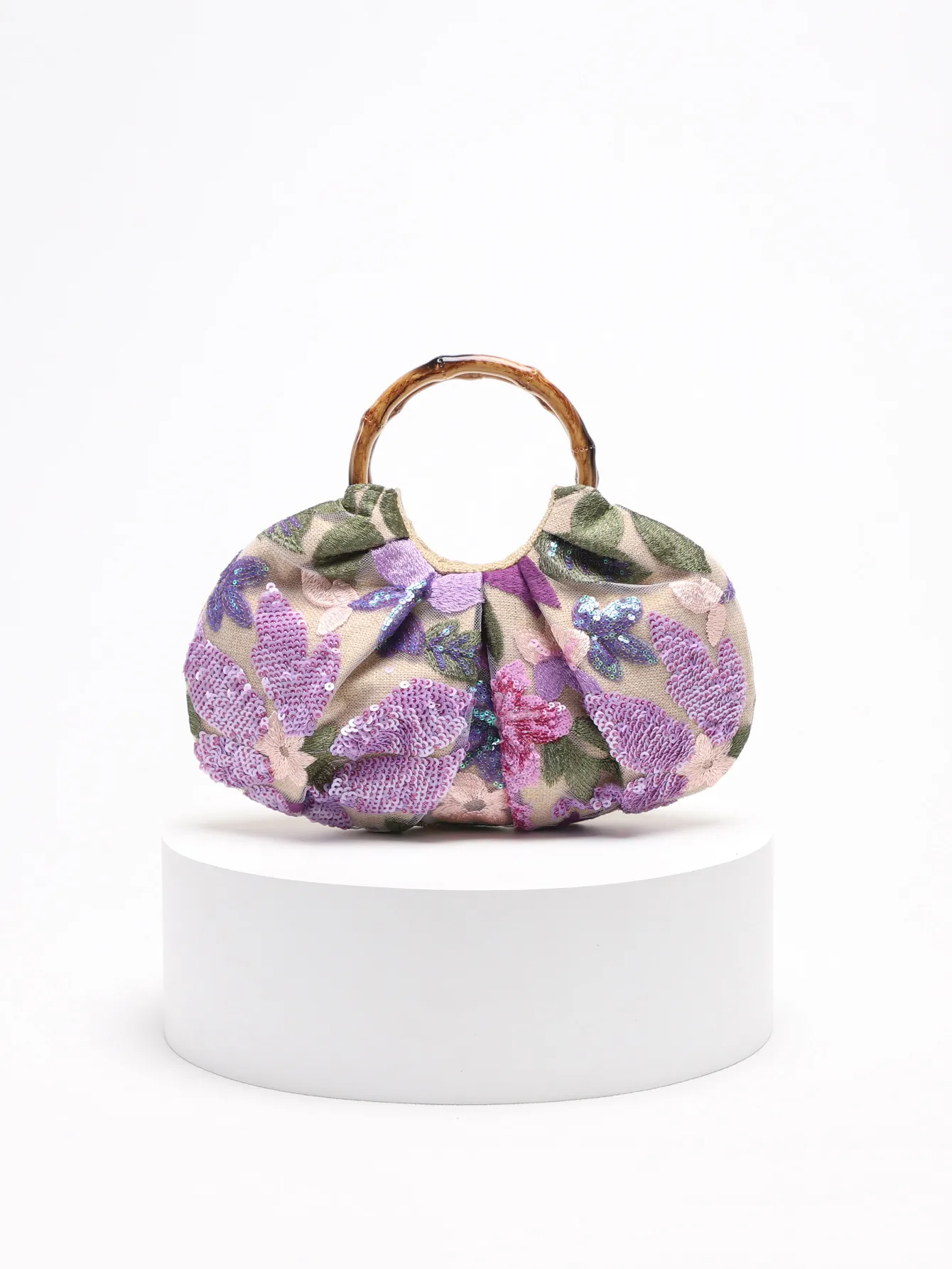 Women New Chinese Style Bamboo Handle Handbag Elegant Sequin Floral Embroidery Pleated Tote Bag Retro Vacation Style Handheld Bag