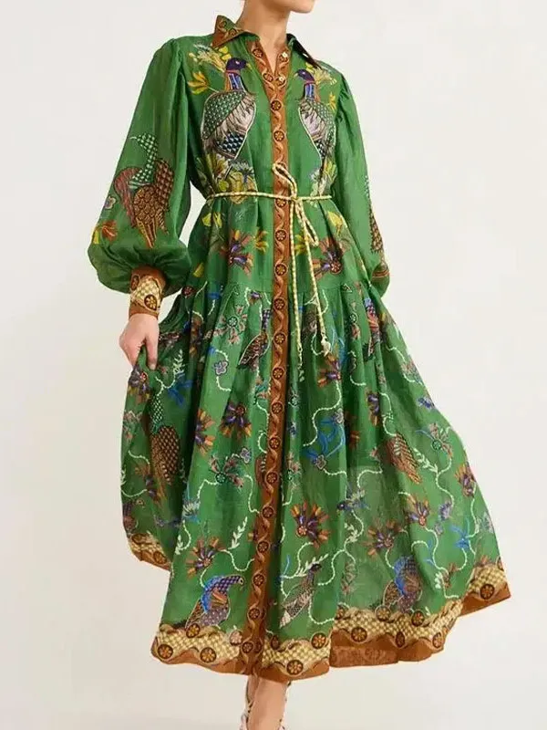 Dames Retro Boheems Bedrukte Maxi-Jurk Lantaarnmouwen Geplooide A-Lijn Lange Jurk Voor Vakantie Casual Kleding Hoge Kwaliteit Bedrukte Jurk
