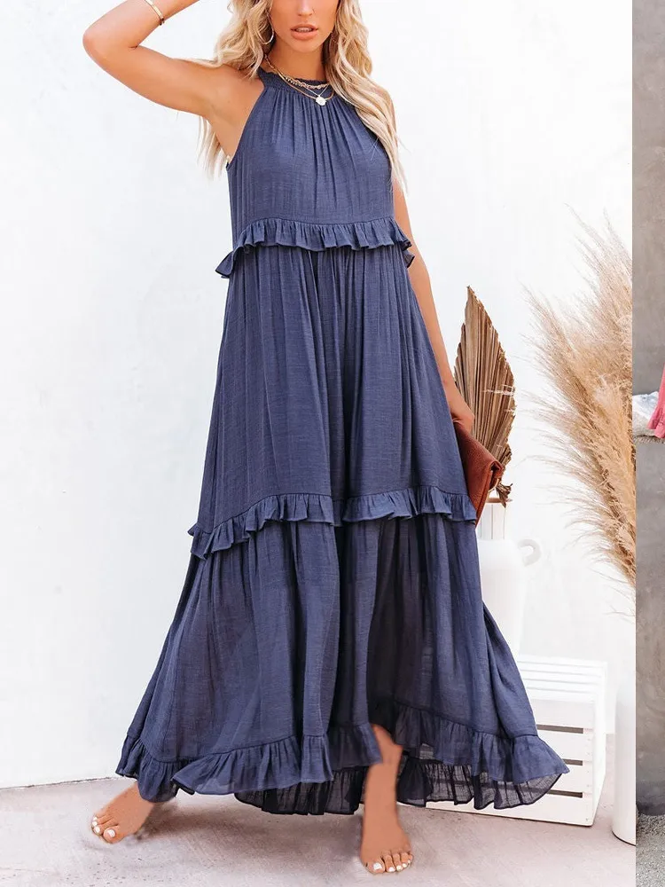 Women Halter Neck Tiered Maxi Dress Polyester Spandex Ruffle Sleeveless Elegant Summer Long Dress Boho Beach Sun Dress