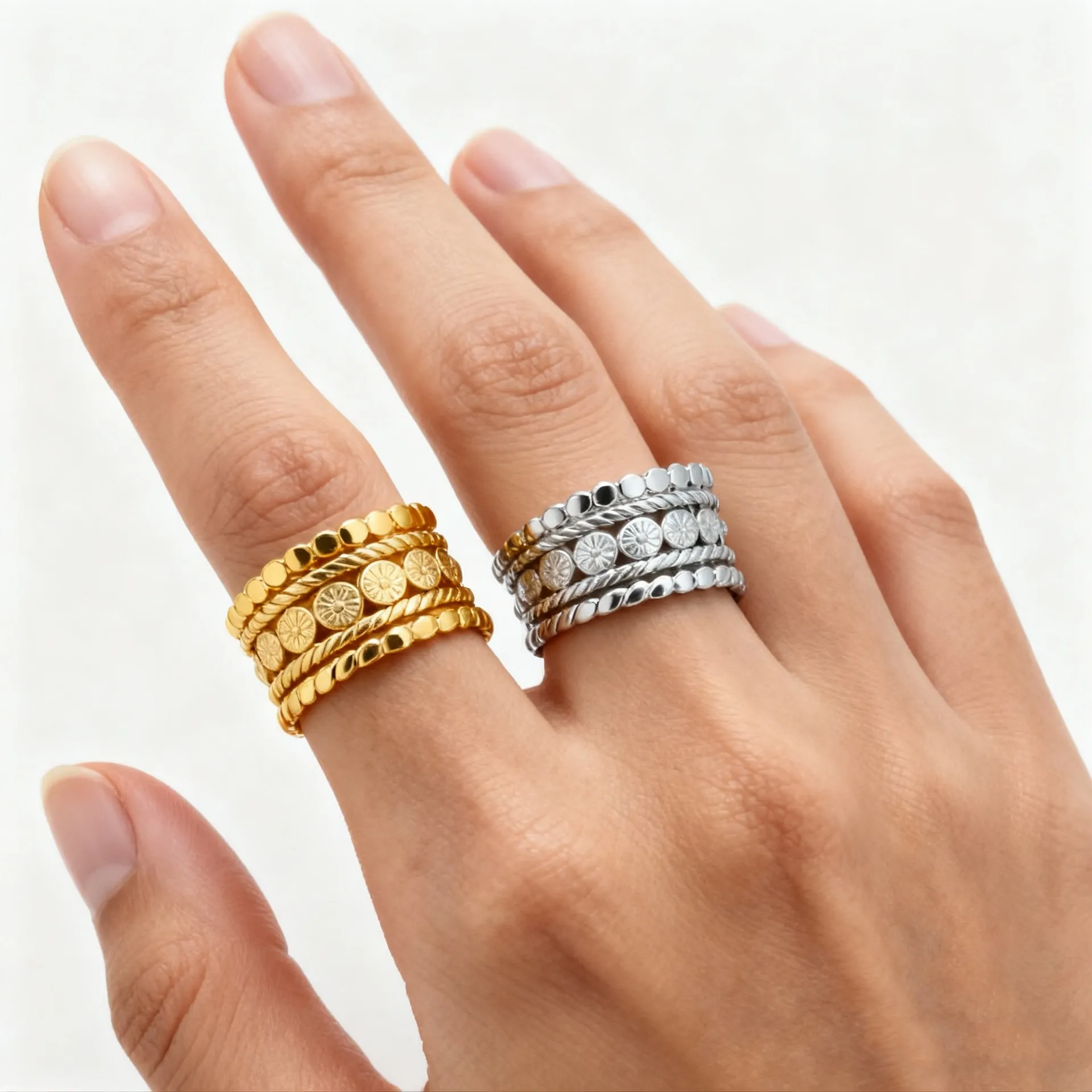 Luxury Stainless Steel Wide Band Multi-Layer Adjustable Open Ring 18K Gold Plated Vintage Sunflower Geometric Finger Ring For Women Jewelry