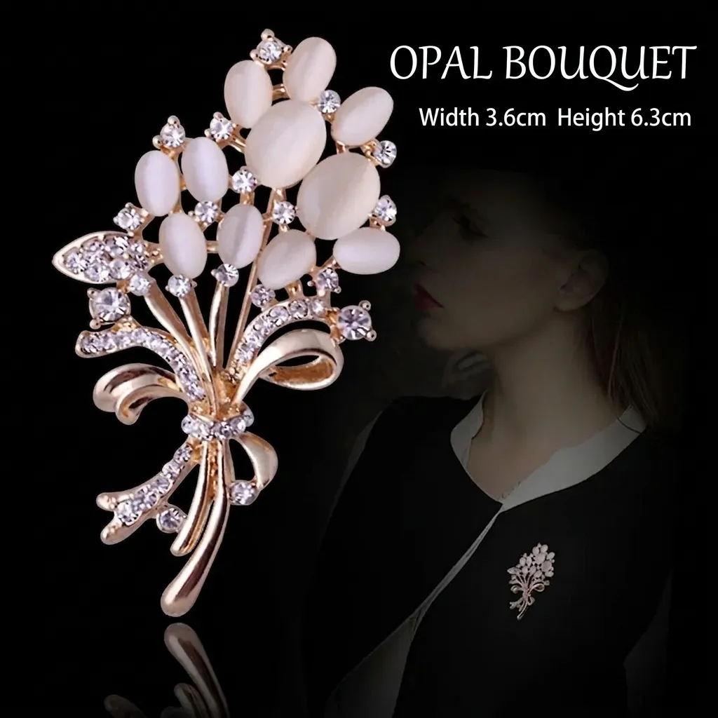 Floral Bouquet Brooch Alloy Cat Eye Stone Rhinestone Wheat Ear Bowknot Elegant Fashion Jewelry For Women