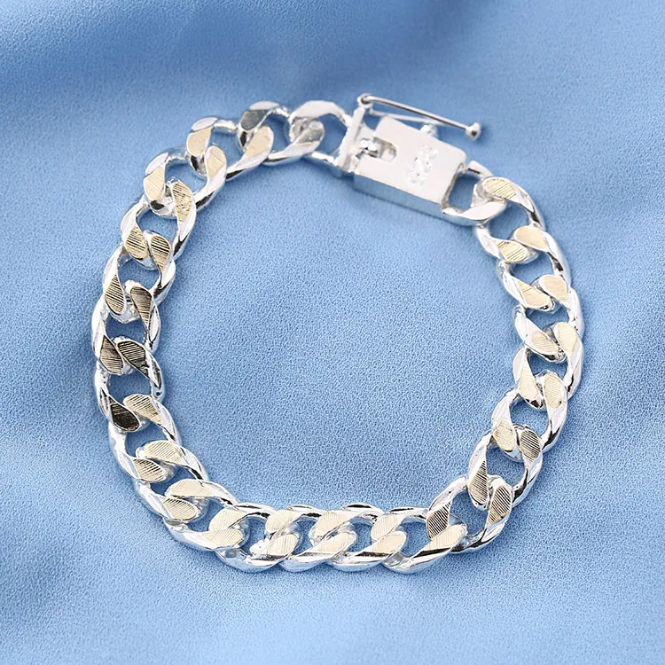 Bracelet Gourmette Bicolore Plaqué Or Argent Fermoir Boîte Mode Chaîne Cubaine 925 Bijoux Pour Hommes Femmes Hip Hop