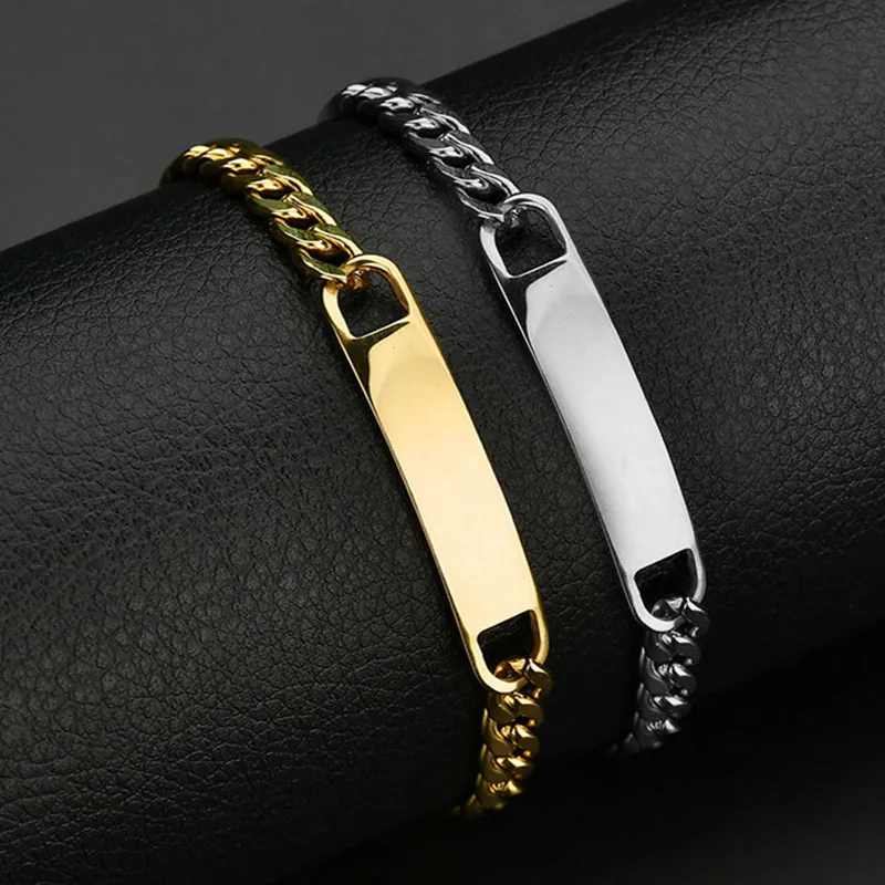 Stainless Steel Bracelet Cuban Link Curb Chain Rectangular Blank ID Bar Plate Minimalist Hip Hop Punk Jewelry Men Unisex