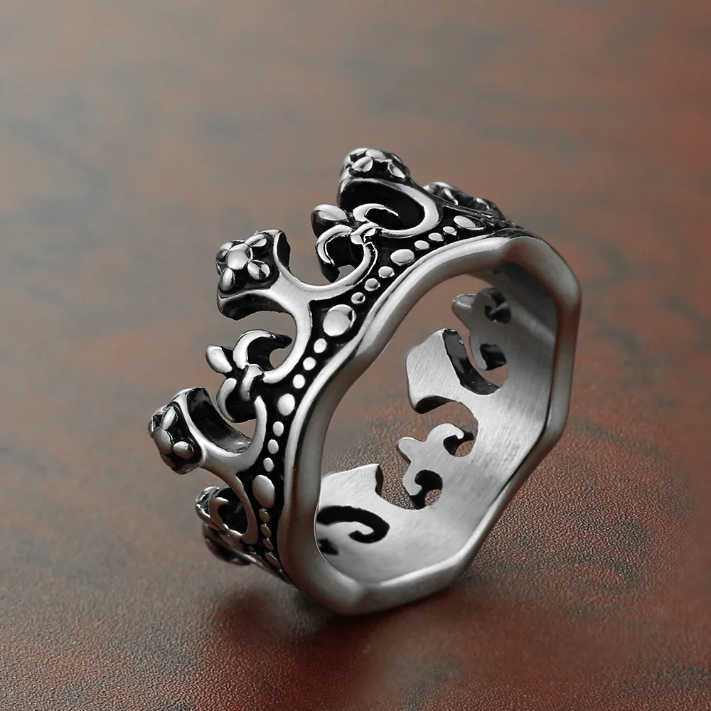 Vintage Crown Ring Stainless Steel Gothic Punk Fleur De Lis Oxidized Retro Jewelry Accessory For Men And Women