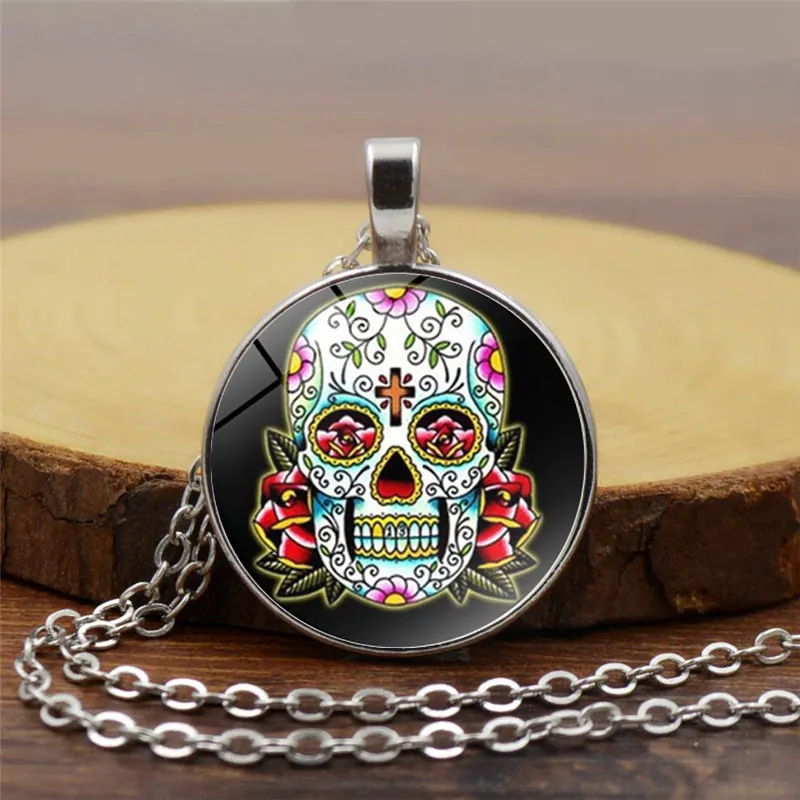 Mexican Sugar Skull Pendant Necklace Alloy Glass Cabochon Day Of The Dead Vintage Jewelry For Men Women
