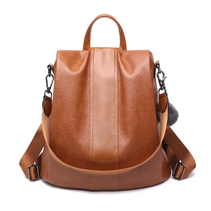 Zaino Donna Vintage In Pelle PU Motivo Litchi Antifurto Grande Capacità Borsa Multifunzionale Con Ciondolo A Sfera Di Pelo
