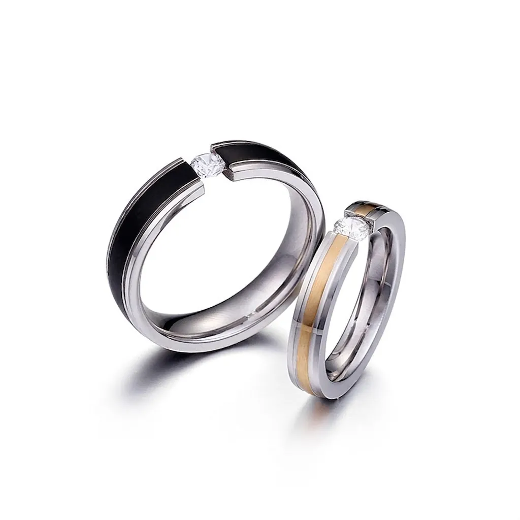Bagues De Couple En Acier Inoxydable Avec Zircone Cubique Incrustation Or Rose Et Noir Bijoux De Mode Pour Amants Hommes Et Femmes