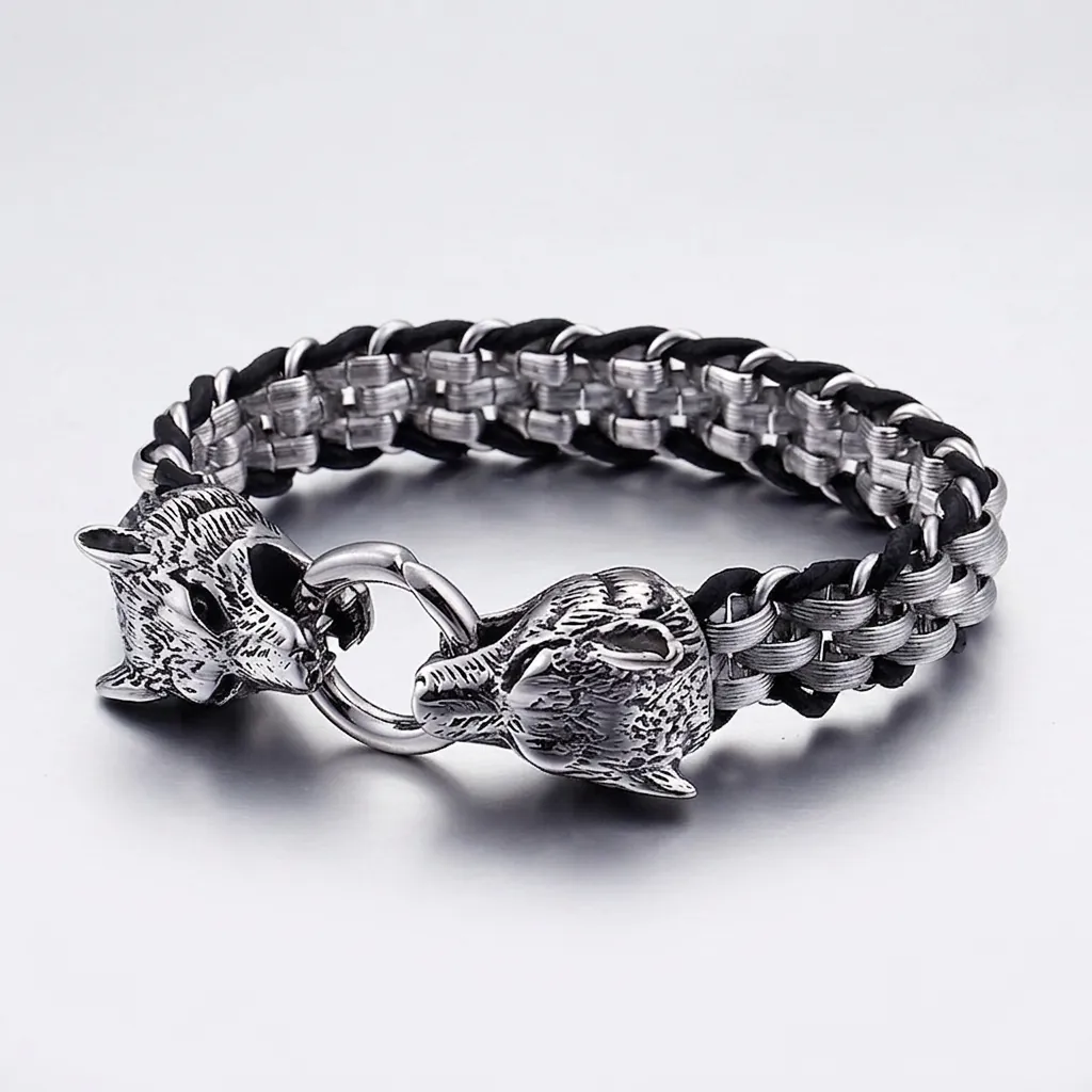 Men Punk Gothic Bracelet Stainless Steel Braided Cowhide Leather Animal Heads Round Clasp Vintage Biker Jewelry