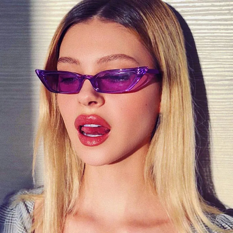 Women Cat Eye Sunglasses Fashion Narrow Frame PC Retro Y2K Transparent Colorful Resin Lens Eyewear