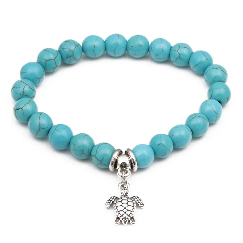 Bracelet En Perles De Turquoise Avec Pendentif Tortue En Argent Pierre Naturelle Élastique Style Marin Pour Hommes