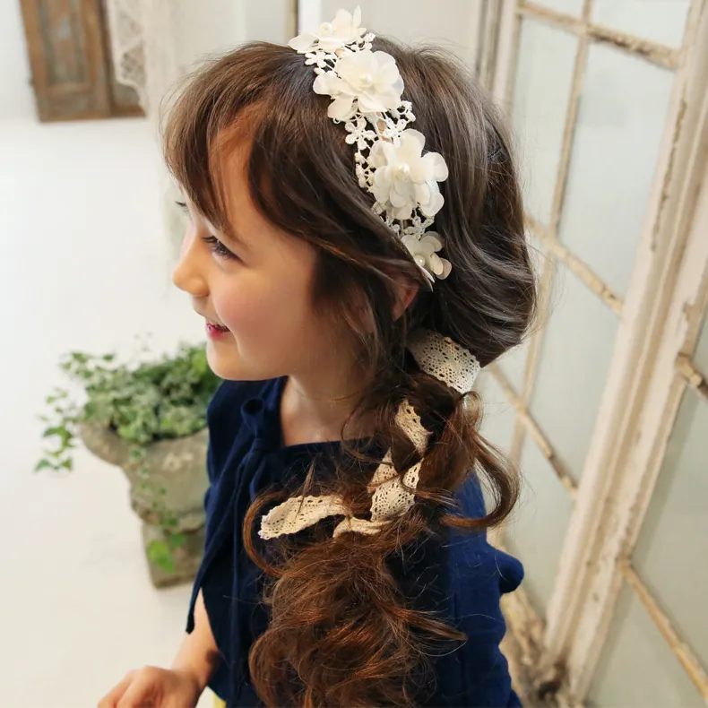 Diadema De Encaje Floral Para Niñas Perla Artificial Cinta Larga Bordado Tocado Bohemio Accesorios Princesa Boda Fiesta