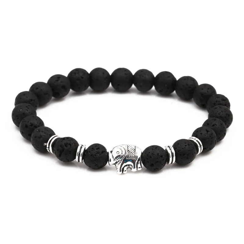 Elefant Anhänger Lavastein Tigerauge Chakra Heilung Perlenarmband Herren Ethno Naturstein Elastischer Schmuck