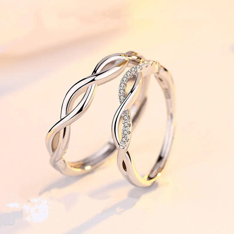 Minimalist Cupronickel Adjustable Open Ring For Couples Wave Design Rhinestone Inlaid Fashion Jewelry Valentine Gift