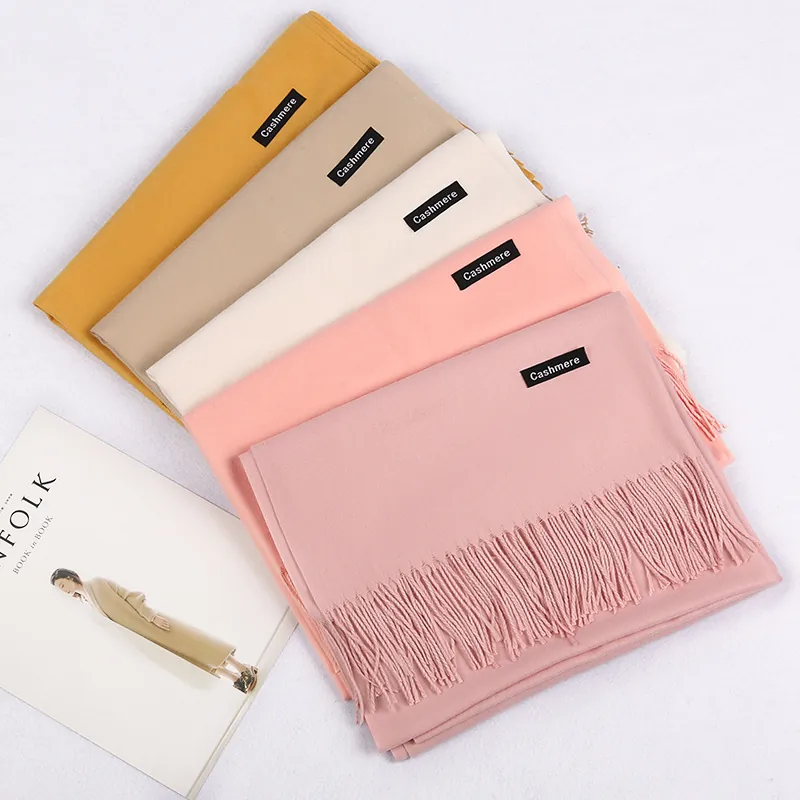 Women's Solid Color Cashmere Like Scarf Warm Winter Polyester Shawl With Tassels Soft Long Pashmina Wrap For Daily Wear