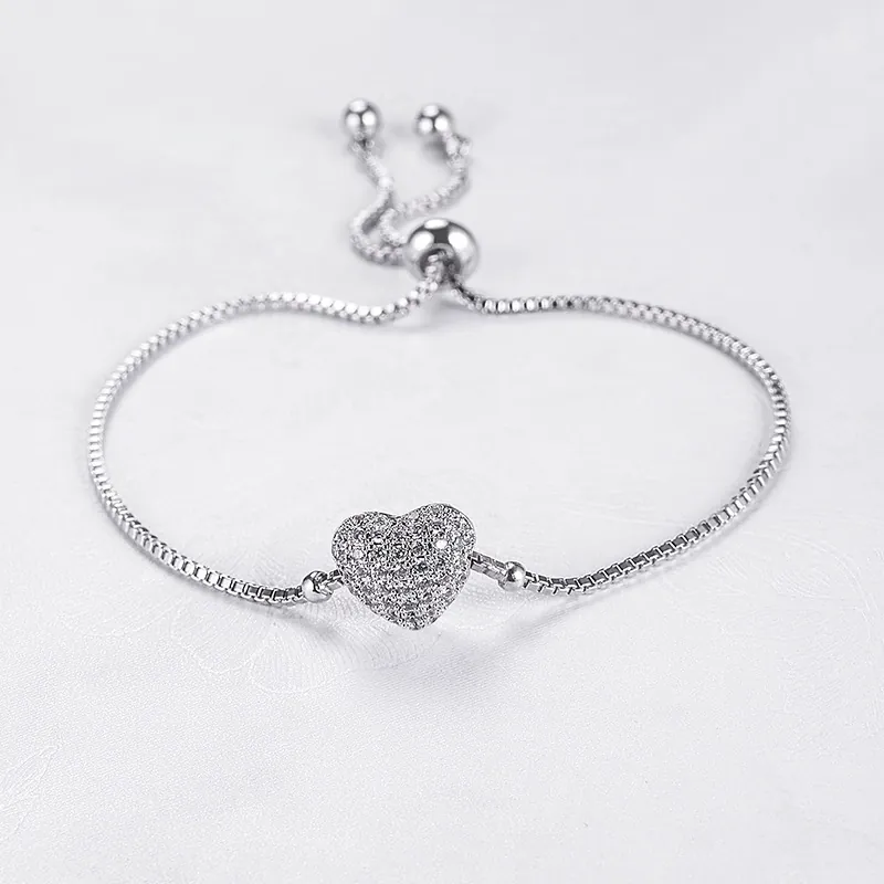 Bracelet À Charme Cœur Pour Femmes Alliage Plaqué Or 18K AAA Zircon Pavé Boucle Coulissante Réglable Chaîne Box Bijoux Minimalistes