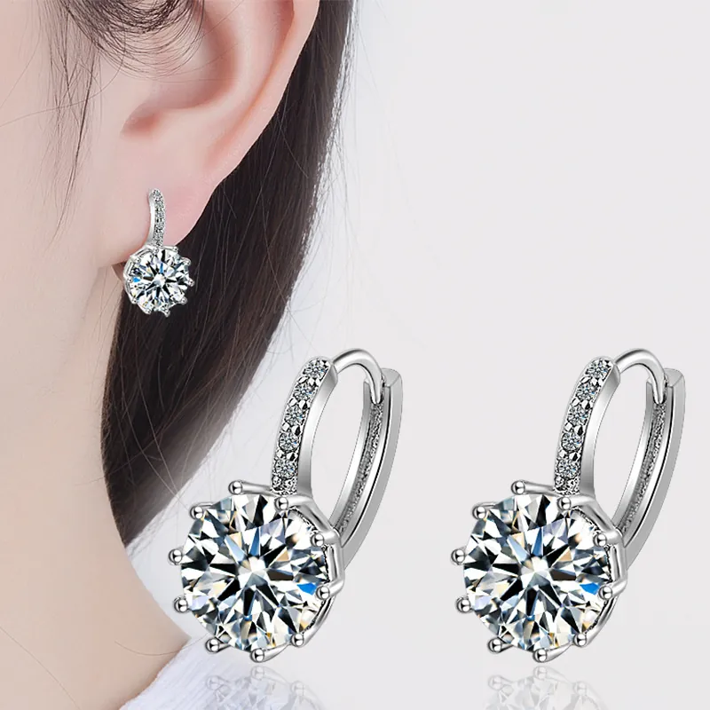 Round Zircon Hoop Earrings Copper Metal Silver Plated With Sparkling Cubic Zirconia Side Stones Fashion Geometric Jewelry For Women