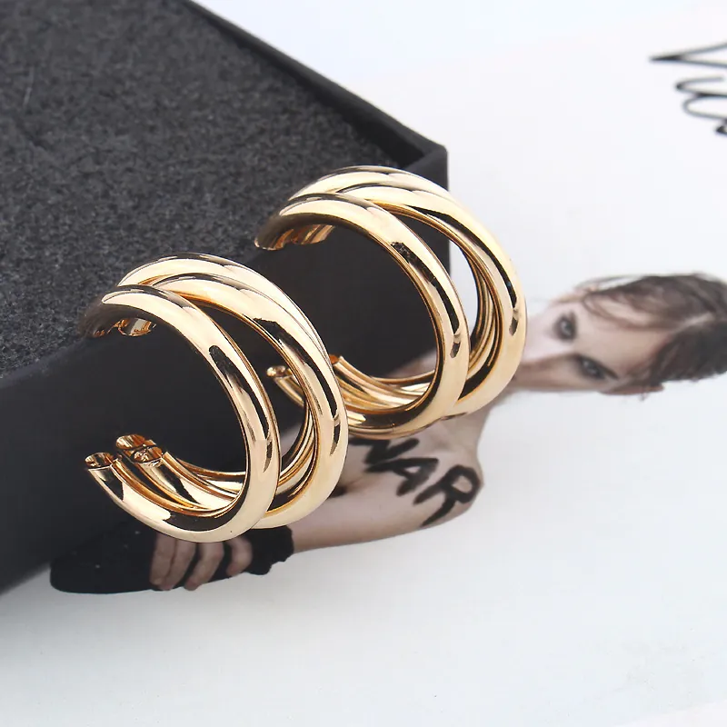 Triple Layered Hoop Earrings With Silver Earring Post Geometric C Shaped Metal Polished Chic Jewelry For Women