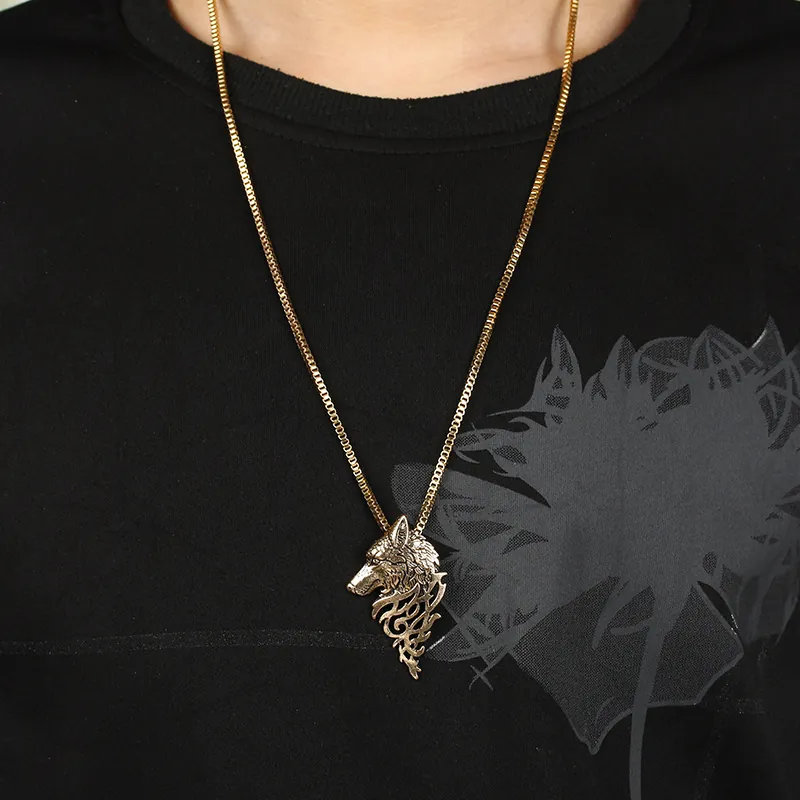 Wolf Head Pendant Necklace Vintage Alloy Tribal Viking Style Animal Jewelry For Men With Adjustable Box Chain