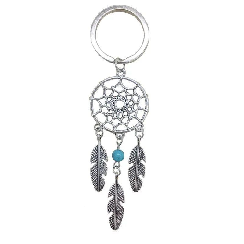 Vintage Bohemian Dreamcatcher Keychain For Women Metal Alloy Feather Pendant Keyring With Multicolor Artificial Pearl Beads Ethnic Style Accessory