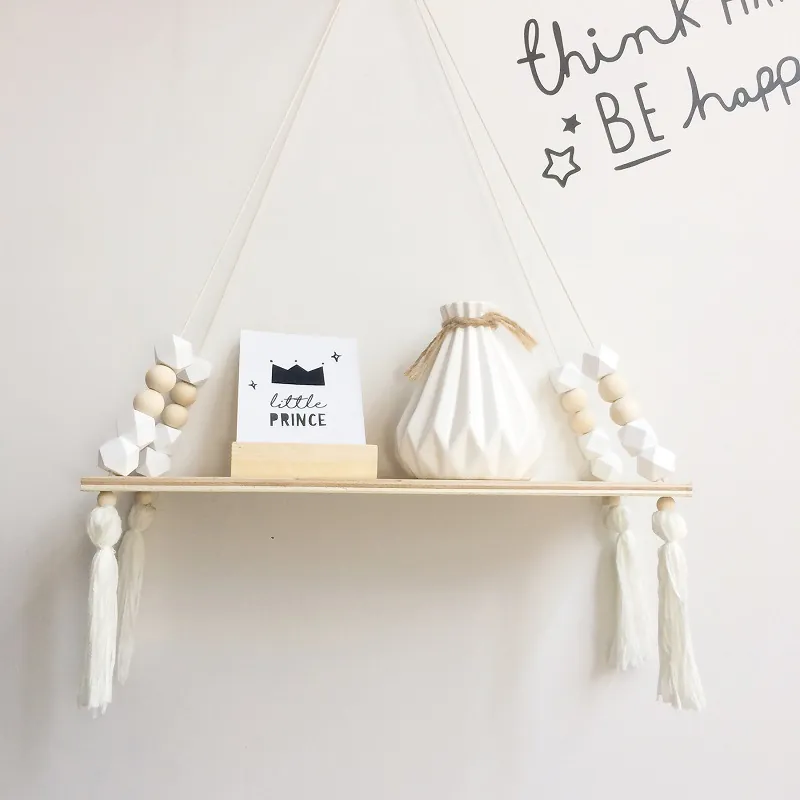 Nordic Floating Wall Shelf Wood Beads Cotton Tassel Hanging Storage Display Organizer For Kids Nursery Room Macaron Style