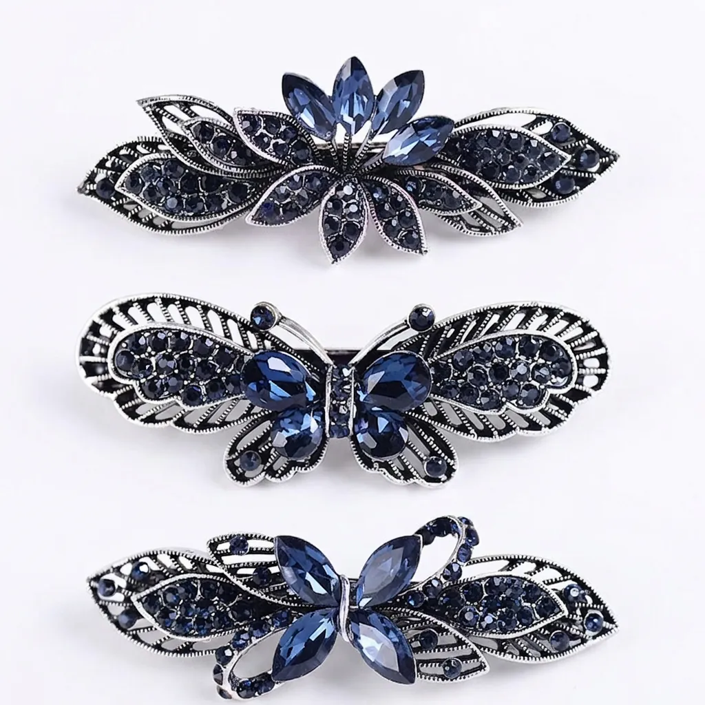 Vintage Butterfly Leaf Bow Hair Clips Alloy Blue Rhinestone Crystal Elegant Hairpin For Women
