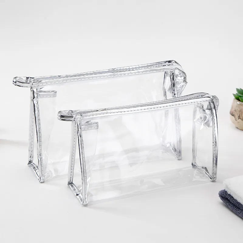 Transparent PVC Makeup Bag Waterproof Travel Toiletry Cosmetic Storage Pouch Metallic Trim Zippered Portable Case