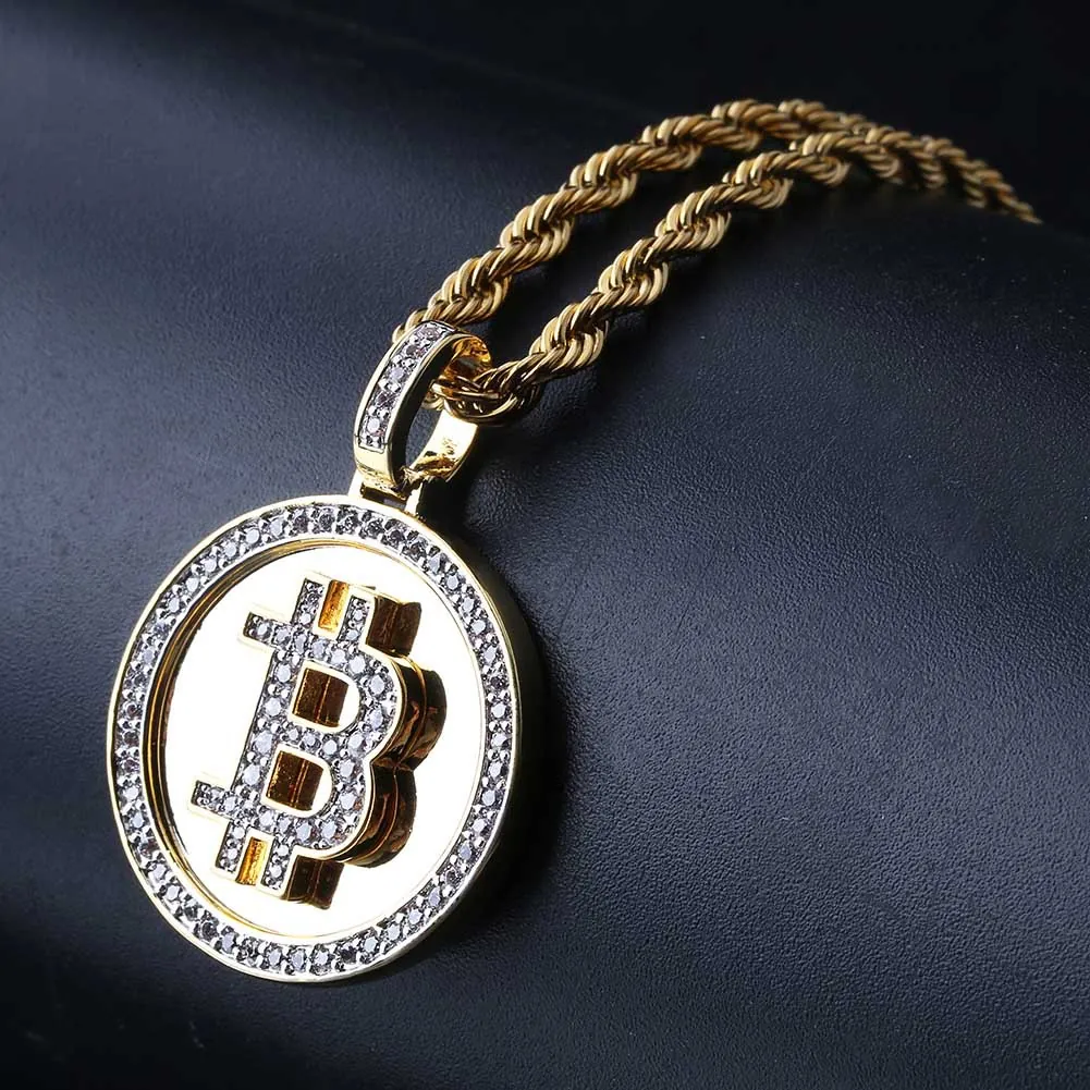Bitcoin Symbol Pendant Necklace Gold Plated Copper Micro Pave Cubic Zirconia Hip Hop Jewelry