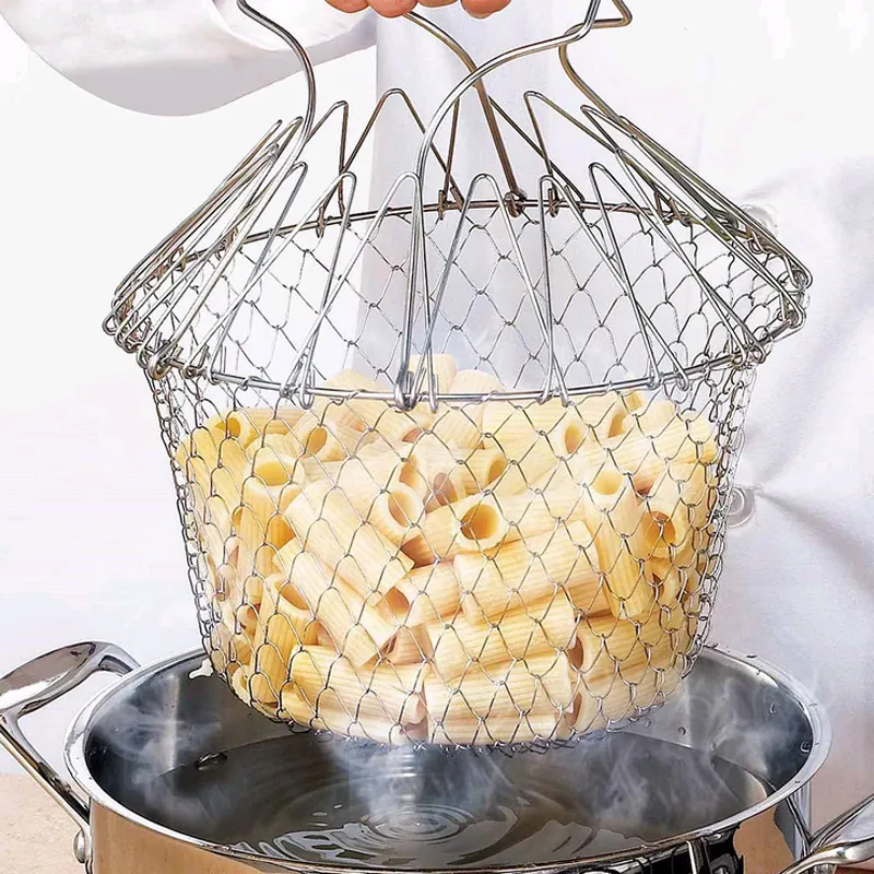 Collapsible Frying Basket Stainless Steel Folding Mesh Colander Strainer For Steaming Frying Cooking Kitchen Tools