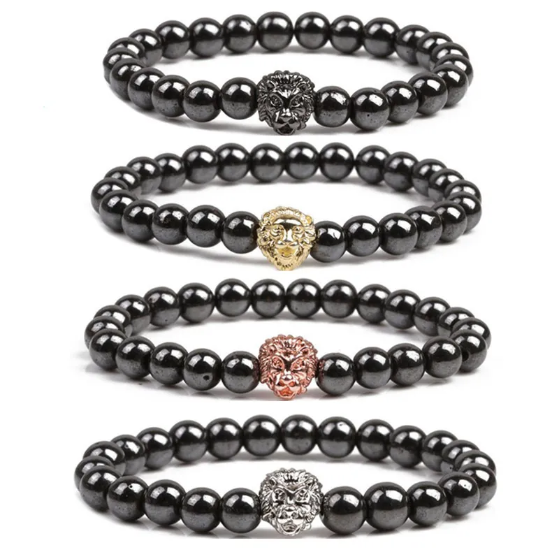 Lion Head Natural Stone Beaded Bracelet Hematite Copper Elastic Jewelry For Men And Women