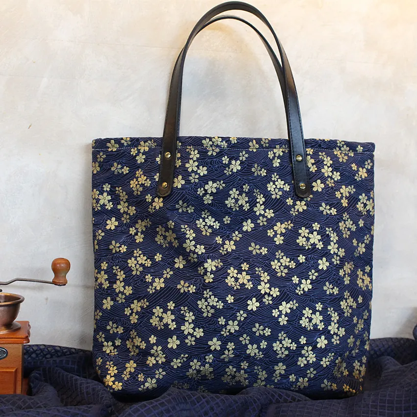 Sac Fourre-Tout Style Japonais Toile Coton Épais Poignée Cuir Motif Sakura Doré Grande Capacité Fermeture Éclair Femmes