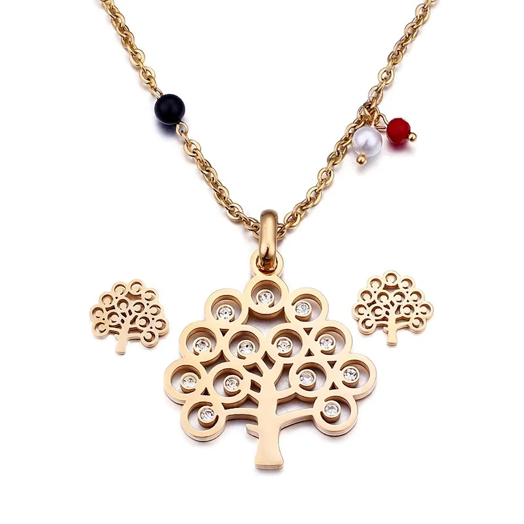 Collier Et Boucles D'oreilles Arbre De Vie Acier Inoxydable Plaqué Or Strass Creux Perles Colorées Mode Noël Cadeau Femmes