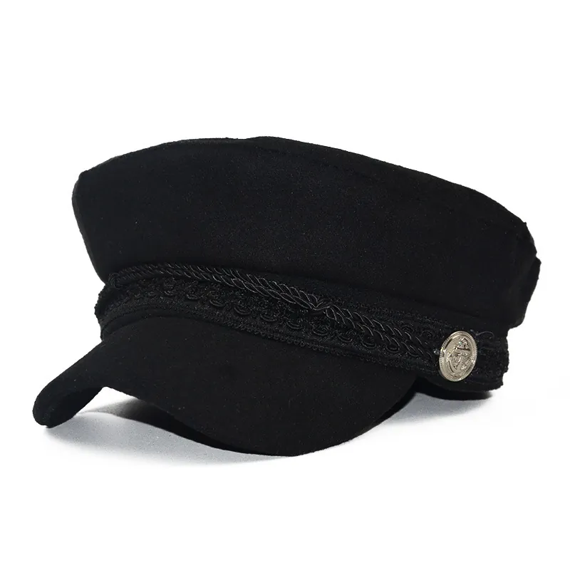Vintage Newsboy Cap Woolen Baker Boy Hat With Braided Rope And Metal Anchor Button Retro Flat Top Beret For Women