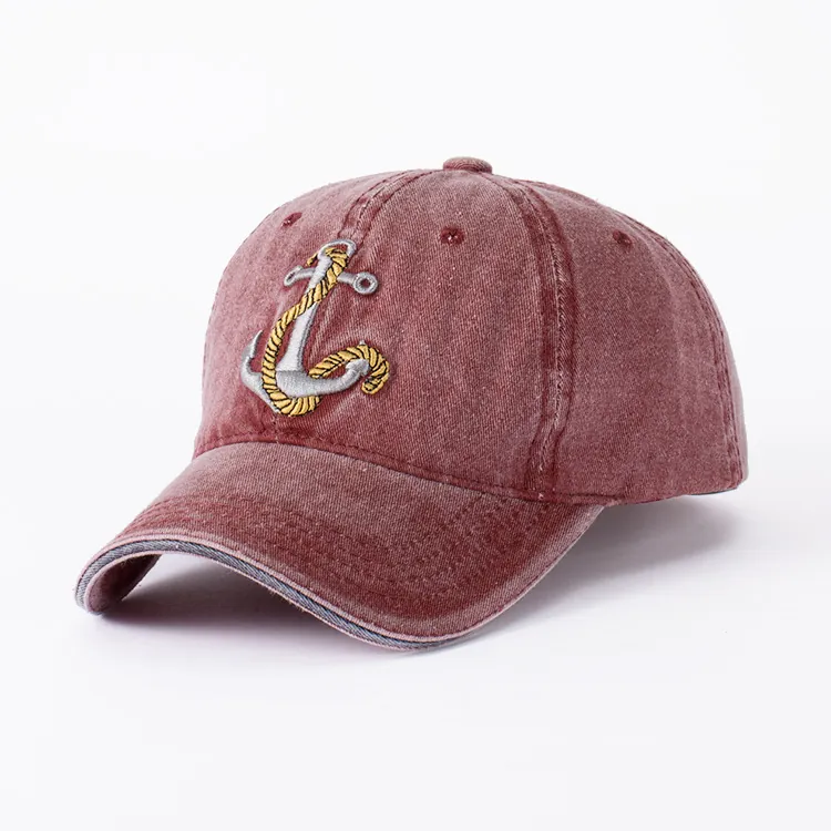 Washed Cotton Denim Baseball Cap Vintage Anchor Embroidery Adjustable Strapback Nautical Style Hat For Men Women