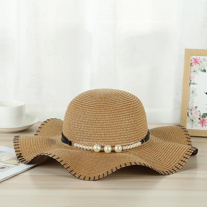 Women Straw Sun Hat Large Brim Wave Edge Braided Summer Beach Travel Elegant Artificial Pearl Ribbon Decoration Foldable Packable