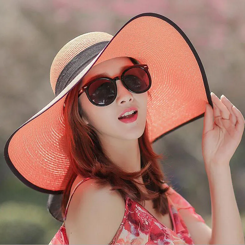 Cappello Di Paglia Da Donna Cappello Da Sole A Tesa Larga Pieghevole Protezione UV Spiaggia Estiva Con Decorazione Fiocco