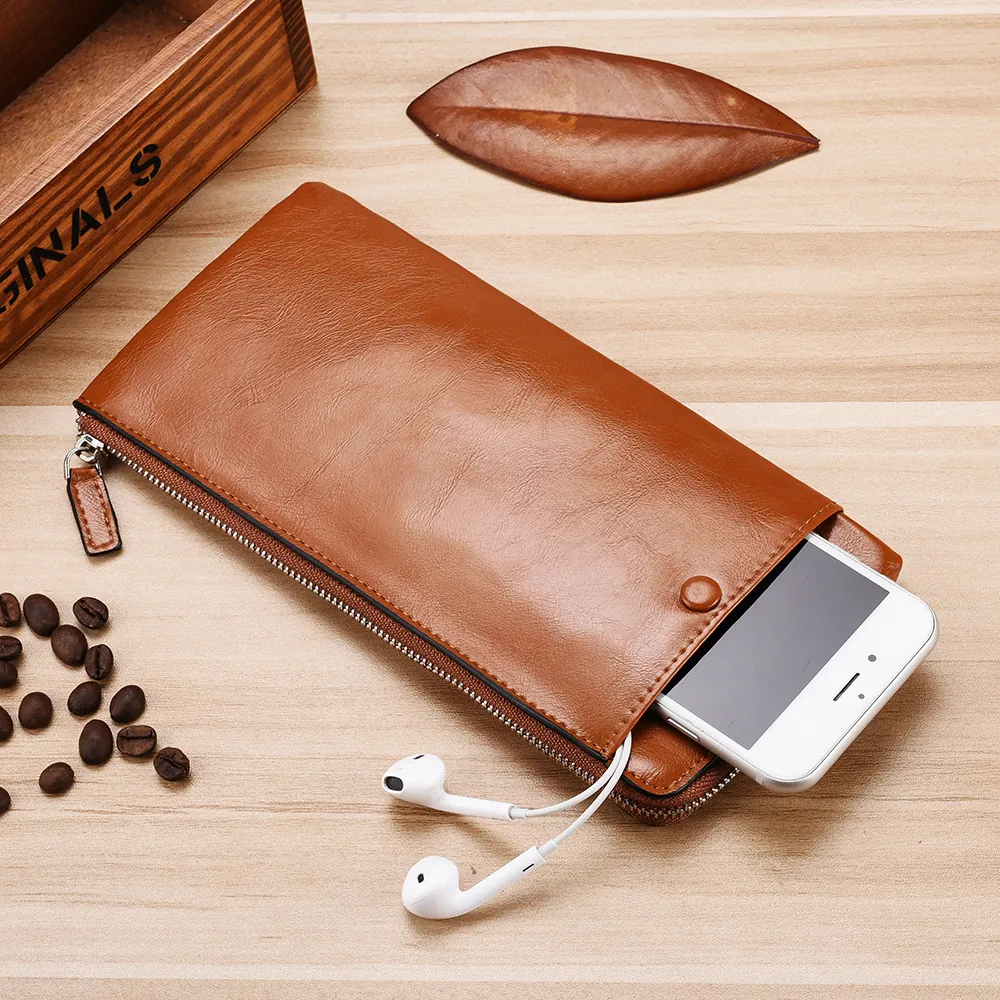 Herren Langes Portemonnaie PU Leder Reißverschluss Handytasche Kartenfächer Business Retro
