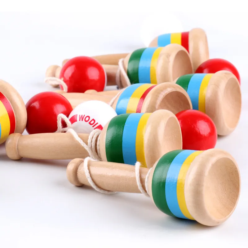 Wooden Cup And Ball Game Skill Toy For Kids Hand Eye Coordination Training Traditional Catching Toy Rainbow Stripes Design