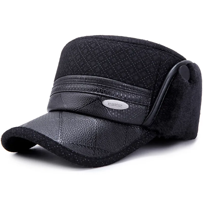 Colbacco Invernale Da Uomo In Pelle PU Maglia Fodera In Peluche Paraorecchie Caldo Protezione Dal Freddo Stile All Aperto