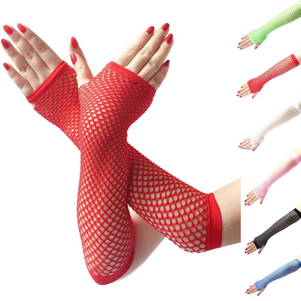 Long Fishnet Gloves Fingerless Stretchy Mesh Arm Sleeves Neon Punk Gothic Costume Accessory For Women Retro Vintage Style