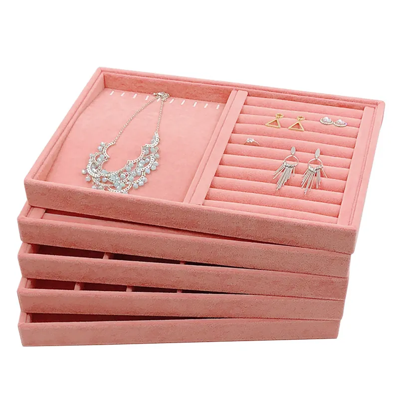 Pink Ice Velvet Jewelry Display Tray Organizer For Rings Earrings Necklaces Bracelets Stackable Flocked Showcase Storage