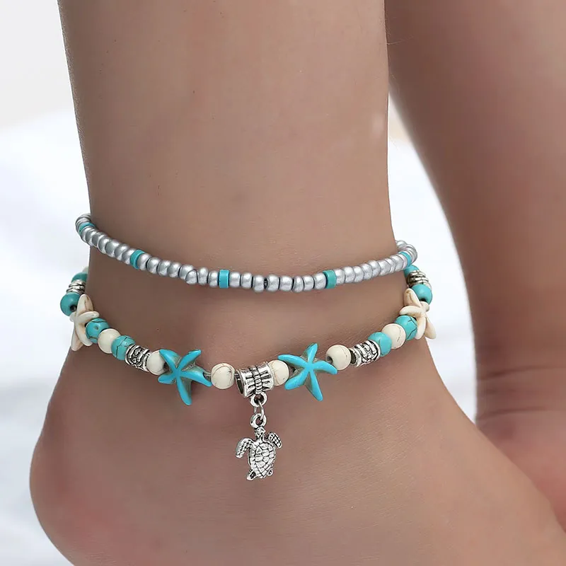 Chevillère De Plage Bohème Alliage Künstliche Perle Turquoise Étoile De Mer Tortue Pendentif Coquillage Chaîne De Pied Femmes Vacances D'été