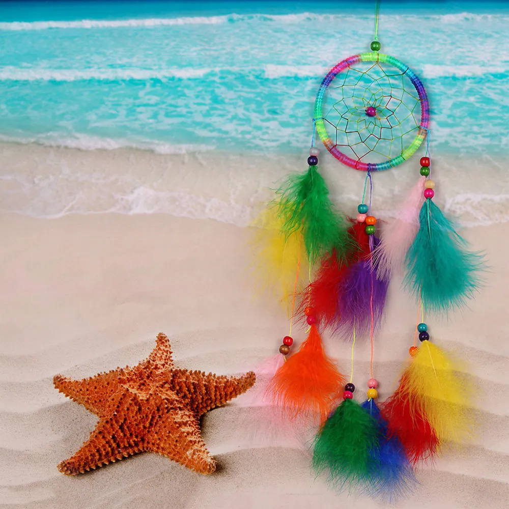 Handmade Dreamcatcher Woven Feather Iron Ring Wood Beads Wall Hanging Ornament Bohemian Home Bedroom Decorative Gift