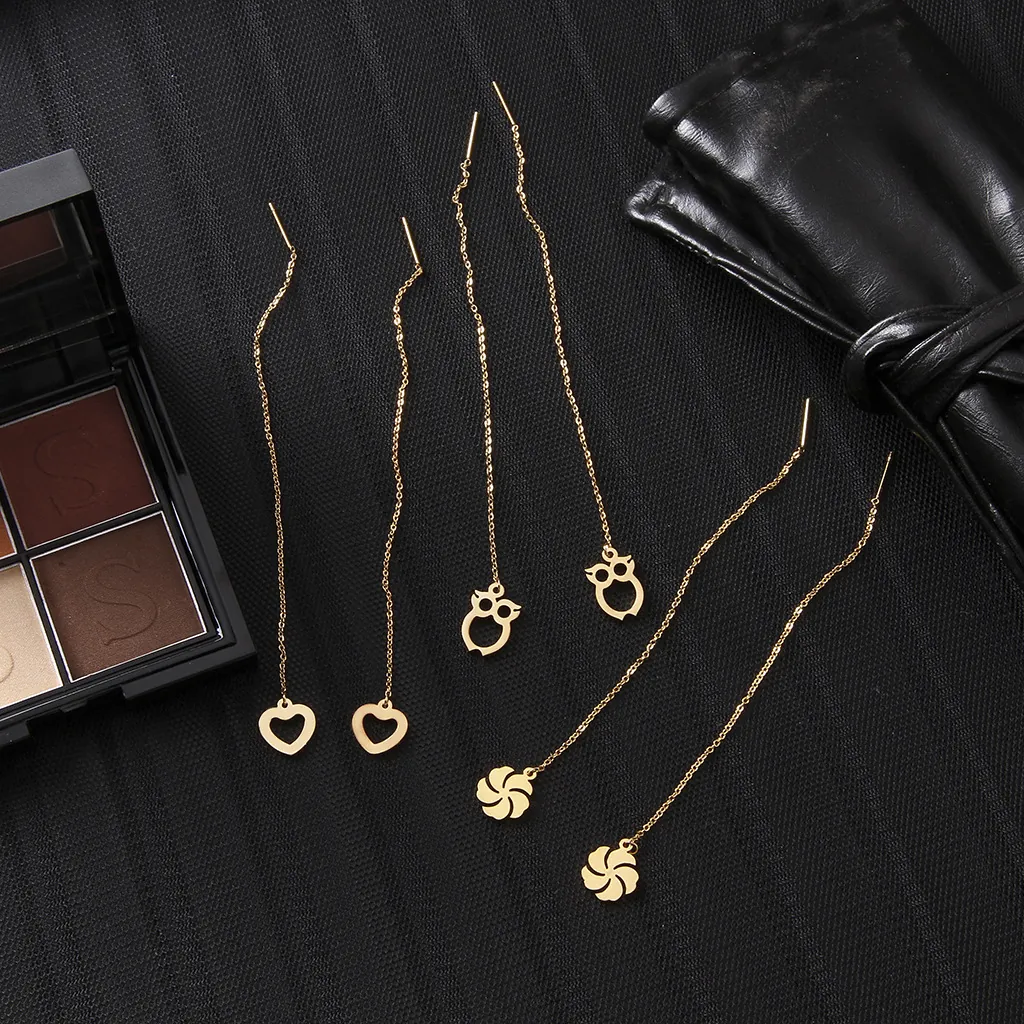 Stainless Steel Threader Earrings Gold Plated Heart Owl Flower Long Chain Minimalist Dangle Jewelry For Women