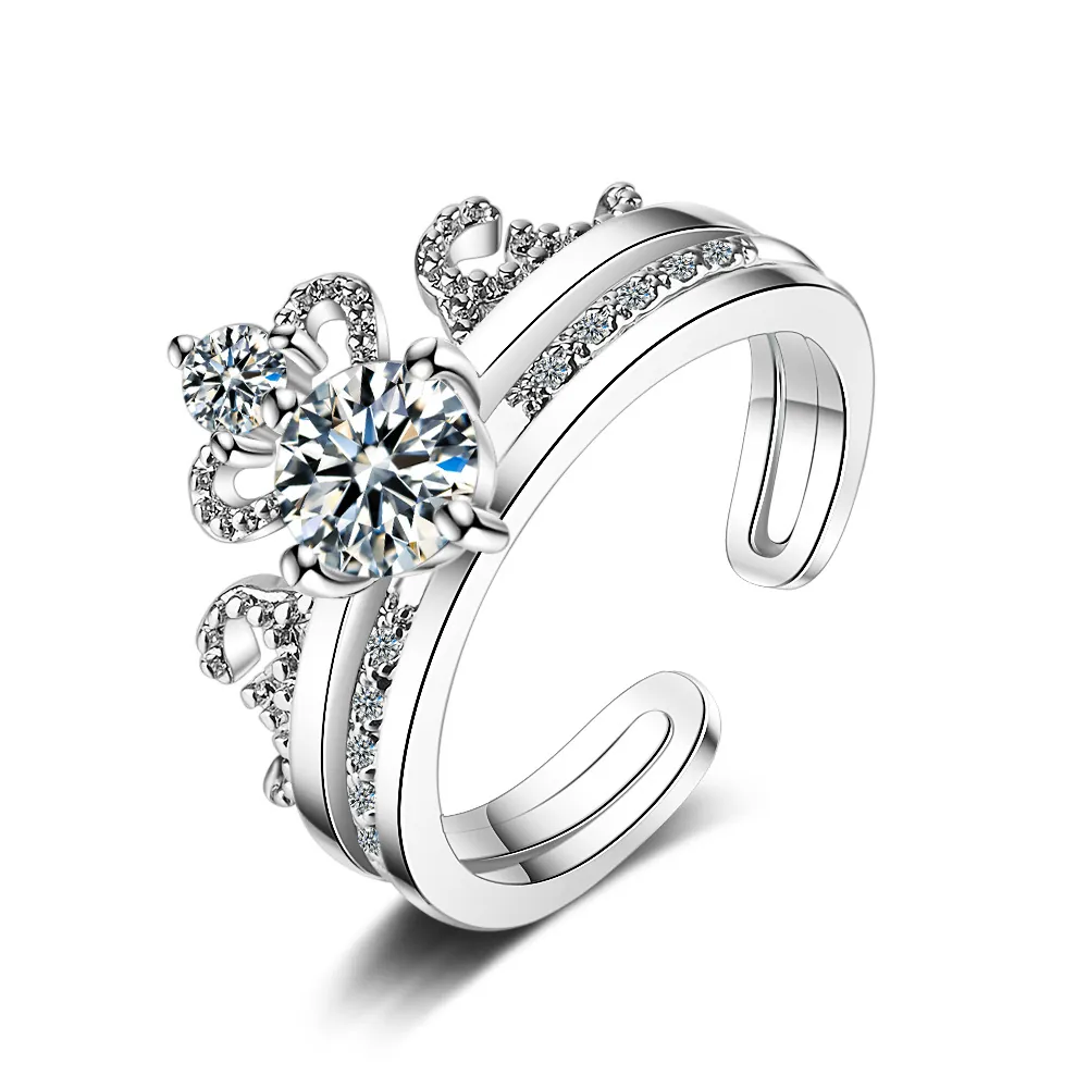 Anillo De Corona Y Anillo Solitario Cobre Circón Brillante Joyería De Dedo Abierta Ajustable Para Mujer Moda Coreana Lujo