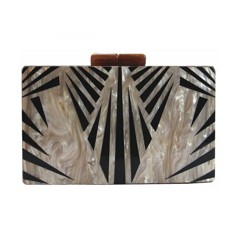 Acrylic Box Clutch Evening Bag Marble Texture Geometric Art Deco Vintage Style Handbag For Women With Gold Chain Strap
