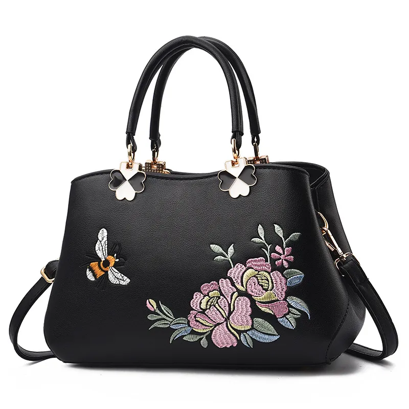 Borsa A Mano Donna Pelle PU Ricamo Fiori Ape Borsa A Spalla Ciondolo Trifoglio Oro Elegante Tote Moda Quotidiana