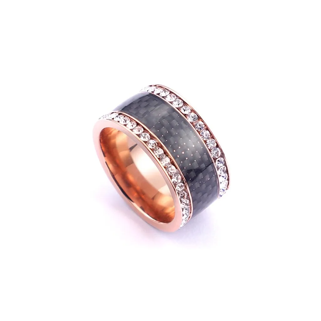 Bague Large En Acier Inoxydable Avec Double Rangée De Strass Et Insert En Fibre De Carbone Bijoux Pour Femme
